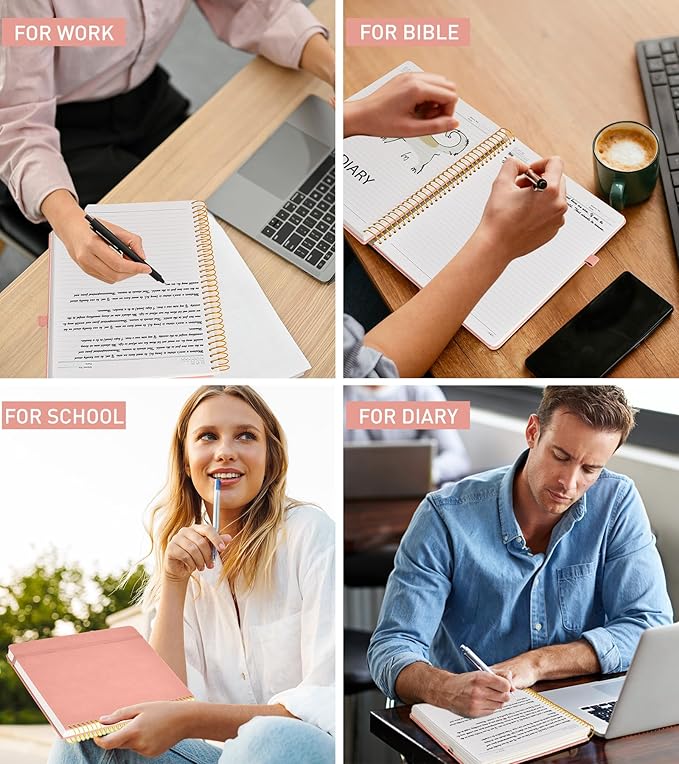 B5 Spiral Notebook Journal 7.6” x 10”, 300 Numbered Pages Hardcover Leather Journals for Women Men, Large Lined College Ruled Notebooks, 100GSM Thick Paper, Spiral Bound Journal for Work School, Pink