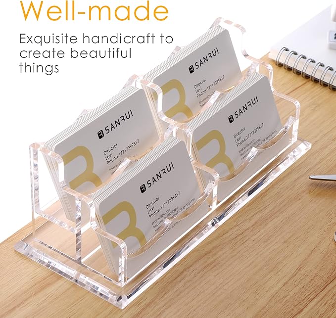 SANRUI Clear Horizontal Business Card Holder Stand for Desk, Acrylic Desktop Display Name Cards Holders Organizer Storage Rack,for Exhibition, Home , Office ,2 Tier 4 Pocket, 240 Card Capacity