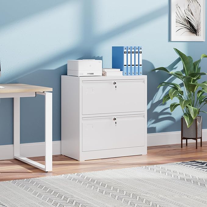 Metal Lateral File Cabinet, 2 Drawers Lateral Filing Cabinet, Office Wide Storage File Cabinet for Letter/Legal/A4 Size, Assembly Required
