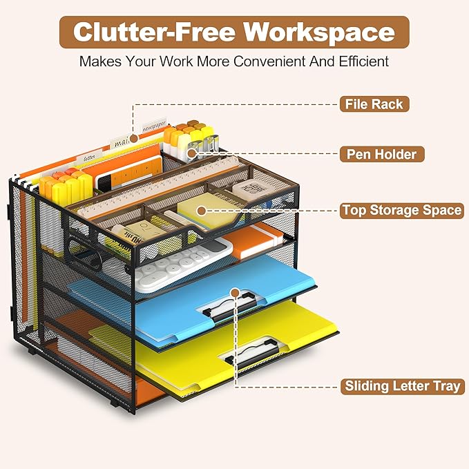 Docnest 5 Tier Letter Tray with Hanging File Organizer-Mesh Desk Organizer-Desktop Storage Box Built in Pen Holder and Handles, File Folder Holder for Mail Documents Office Supplies-Black