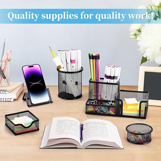 Mesh Pen Holder for Desk Pencil Holders 5 Pieces Desk Organizer Office Supplies Caddy with Sticky Notes Holder for Office School Home Black