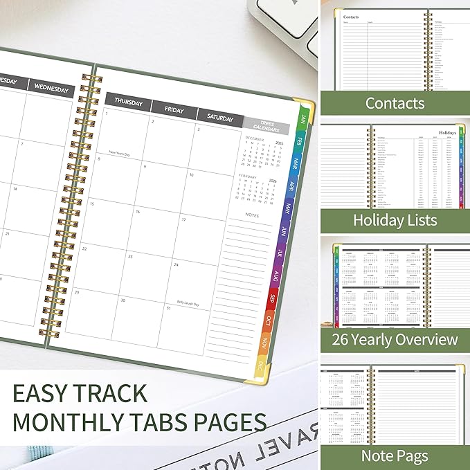 2026 Appointment Book/Planner - 2026 Daily Hourly Planner from Jan. 2026 - Dec. 2026, Weekly appointment Book 2026, 2026 Hourly planner with 20-Minute Interval, 9" x 11", Twin-Wire Binding, Colorful Tabs, Pocket - Green