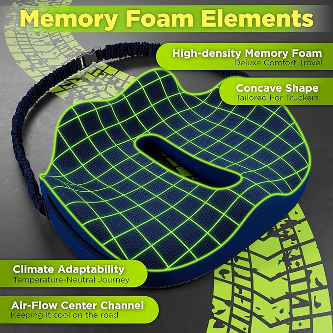 XL Truck Seat Cushion for Truck Driver Seat Cushion - Upgraded Back Support, CertiPUR-US® Certified - Thick Memory Foam, Pain Relief for Hours of Driving, Trucker Approved Big Rig - Navy