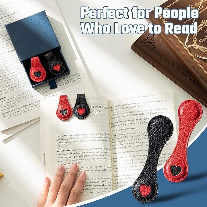 2Pcs Magnetic Leather Bookmarks with Gift Box, Magnetic Pen Holder Book Marks Clip Gift for Book Lover Readers Men Women Teachers Students, Heart Bookmarks