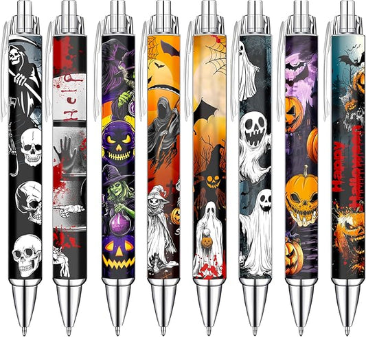 Idealmuzik Halloween Pens Set – Fun Ballpoint Pens for Adult, Students, and Stationery Lovers – Smooth Writing Pens for School, Journaling, or Party Favors – Haunted Holiday Design, 8 Pack