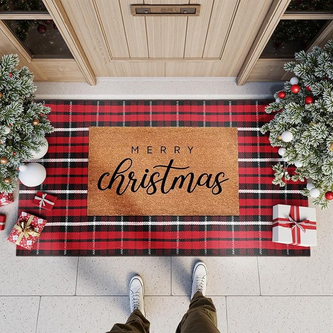 KIMODE Christmas Door Mat Outdoor 24"X51",Red/Black Buffalo Plaid Rug,Washable Cotton Hand-Woven Layered Door Mats,Reversible Outdoor Christmas Decor for Front Porch,Entryway,Kitchen