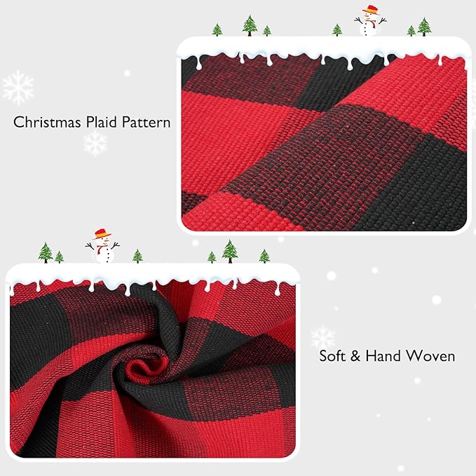 Christmas Door Mat Outdoor 35"x59", Red/Black Buffalo Plaid Front Porch Rug Cotton Hand-Woven Washable Layered Door Mats,Reversible Checkered Floor Rugs for Home Decor Outside