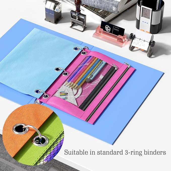 DoDoMagxanadu Binder Pencil Pouches, Pencil Pouch for 3 Ring Binder, Double Pocket Clear Window Pencil Case for Binder, Zippered Pencil Pouches with Rivet Enforced 3 Ring, 12 Pack