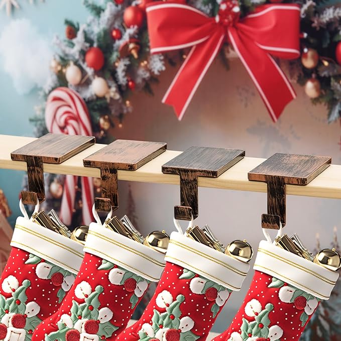2 Pcs Christmas Stocking Holder for Mantel Fireplace Metal Stocking Hangers Hanging Hooks Heavy Duty Weighted Stocking Holder Bases for Xmas Shelf Fireplace Stair Decor (2, Red Bronze)