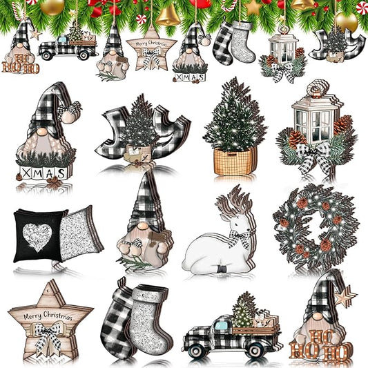Huwena 36 Pcs Christmas Wooden Ornaments Buffalo Plaid Christmas Decorations for Tree Snowman Gnomes Poinsettia Flowers Truck Wreath Wood Cutouts Tags with Ropes Winter Decor for Xmas Tree Gifts