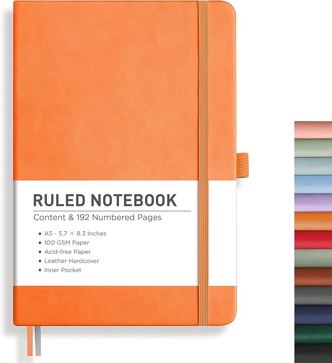 RETTACY Lined Journal Notebook, 192 Numbered Pages, A5 Medium Size (5.7'' x 8.3''), for Men & Women, Journaling, Writing, Work & Office, Leather Hardcover, 100 GSM Thick Paper (Orange)