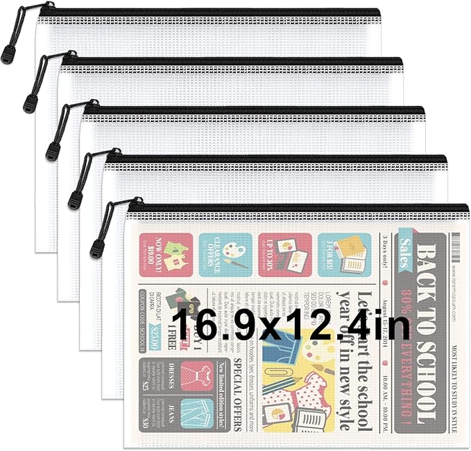 Umriox 5PCS A3 Zipper Bags, Extra Thick Mesh Zipper Pouch, Large Storage Bags, Zipper Pouches for Office Supplies, Puzzles Organizing Storage