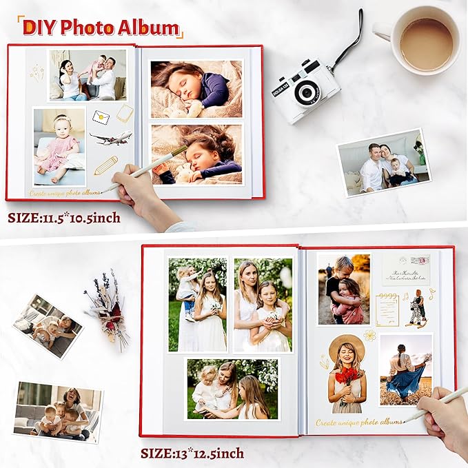 Photo Album Self Adhesive Scrapbook,60 Pages Large Photo Book for 4x6,5x7,8x10 Pictures,DIY Album for Baby Wedding Family Travel Birthday,with Metallic Pen and Scraper
