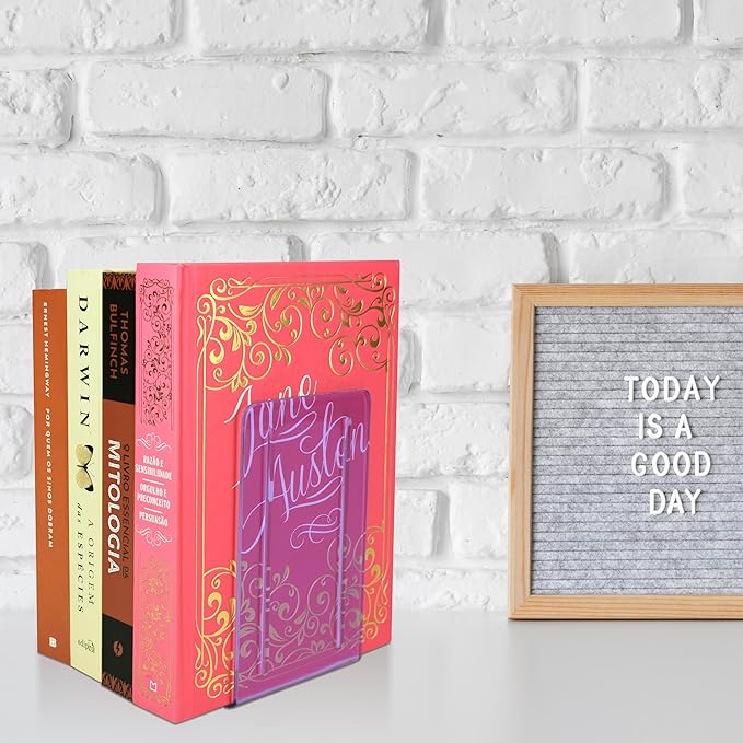 Acrimet Bookends 1 Pair, Clear Plastic Bookends for Shelves or Desktop, Book Holder for Home, Office, Library, School (Clear Purple Color)
