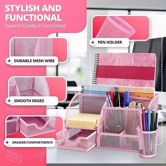 Flexzion Desk Top Caddy Organizer - Pink Office Desk Accessories Organizer and Storage - Metal Mesh Desk with 6 Compartments, Drawer and Pen Holder