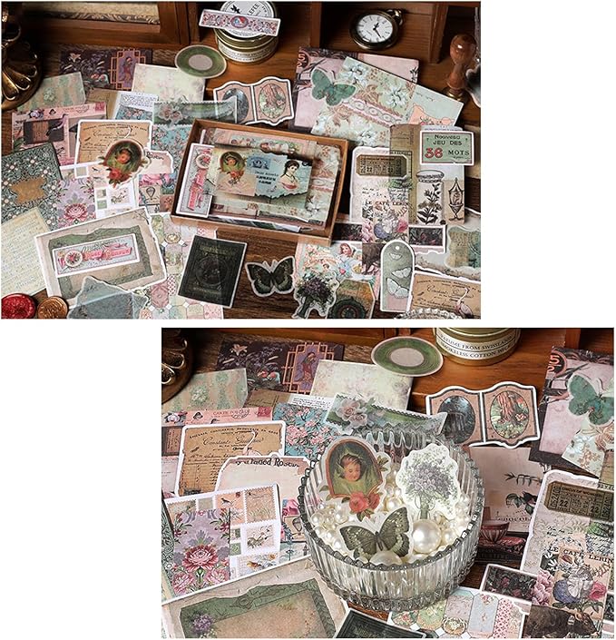 200PCS Vintage Scrapbooking Supplies Pack, Aesthetic Scrapbook Sticker Paper Art Journaling Kit for Bullet Junk Journals,Planner,Cottagecore Decor Gifts (Green Vintage Collection)