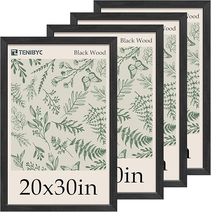 20x30 Poster Frame 4 Pack - Black Solid Wood Picture Photo Frame - Woodgrain Series - Room, Office, Gallery, Studio Display - Wall Hanging