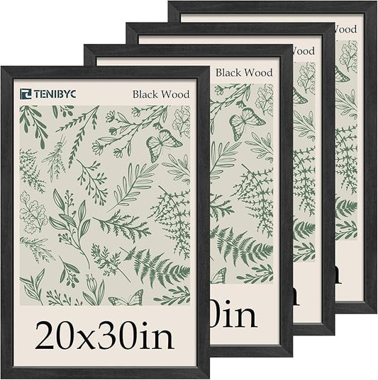 20x30 Poster Frame 4 Pack - Black Solid Wood Picture Photo Frame - Woodgrain Series - Room, Office, Gallery, Studio Display - Wall Hanging
