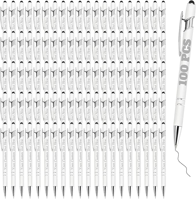 Personalized Pens Bulk 100 with Name Custom Engraving Ballpoint Pens with Stylus Tip Customized Smooth Writing Pens Personalized Gifts for Anniversary Birthday or Graduation(White,Black Ink)