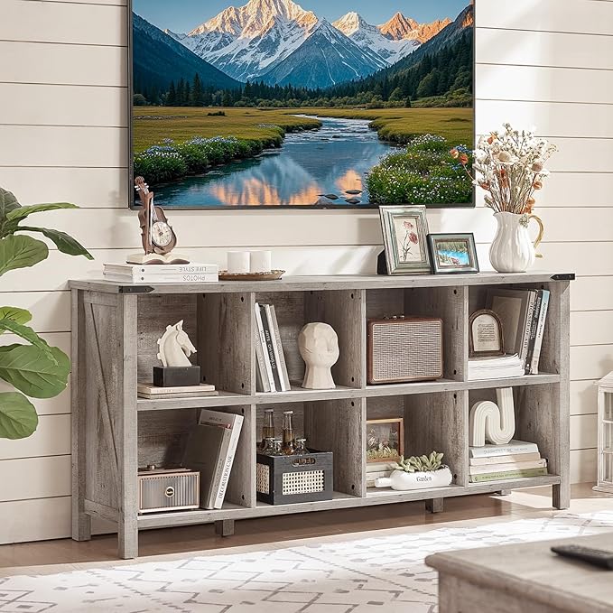 8 Cube Book Shelf, Farmhouse Wood Long Storage Organizer Bookcase, 62" Horizontal Grey Oak Console Closet Bookshelf, Hallway TV Stand for Entryway, Display Cabinet Book Case for Living Room