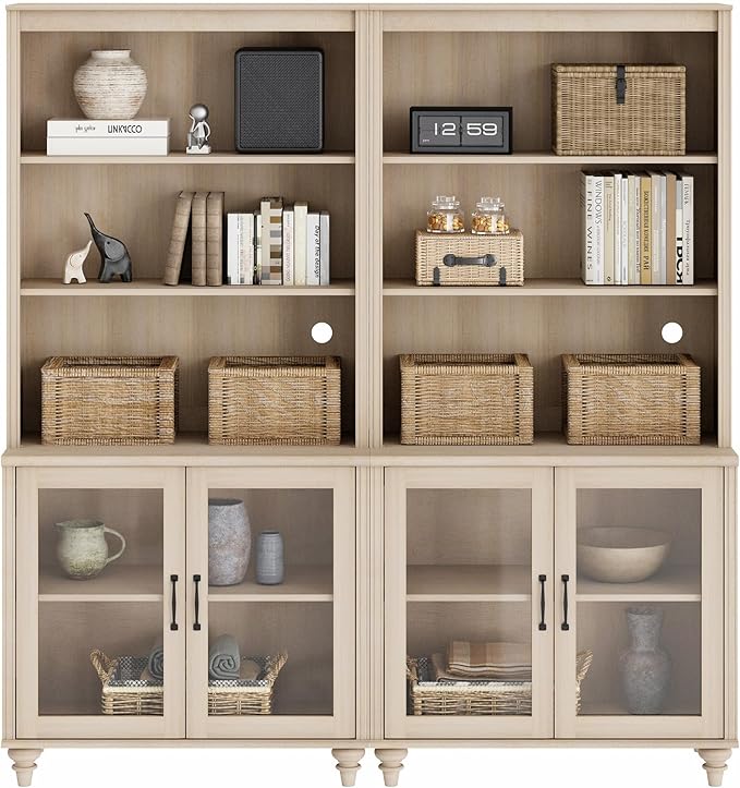 WAMPAT 5 Tier Bookshelf 72" Tall Bookcase with Glass Doors,Large Farmhouse Display Book Shelf with Adjustable Shelves and Storage Cabinet，Library Wood Bookshelves for Living Room,Kitchen, Light Oak