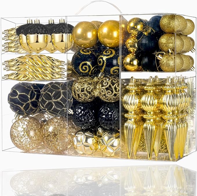 123pcs Christmas Ball Ornaments Set, Shatterproof Plastic Balls for Classic Xmas Decorations, Hanging Ornaments for Christmas Tree, Holiday, Bridal, Home Party, Gold and Black