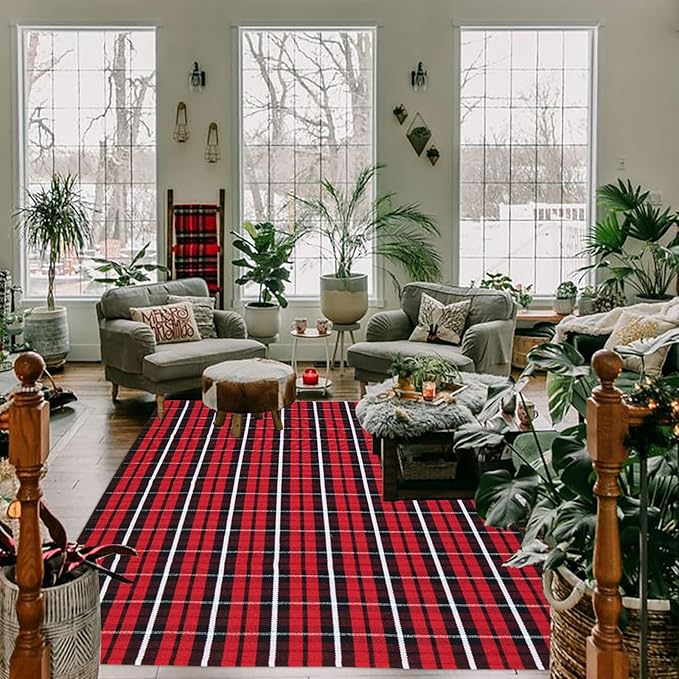 Buffalo Plaid Outdoor Rug, 4' x 6' Christmas Red & Black Check Indoor/Outdoor Area Rug, Layering Rug for Hello/Welcome Door Mat, Machine Washable Cotton Woven Farmhouse Mat for Front Porch Decor