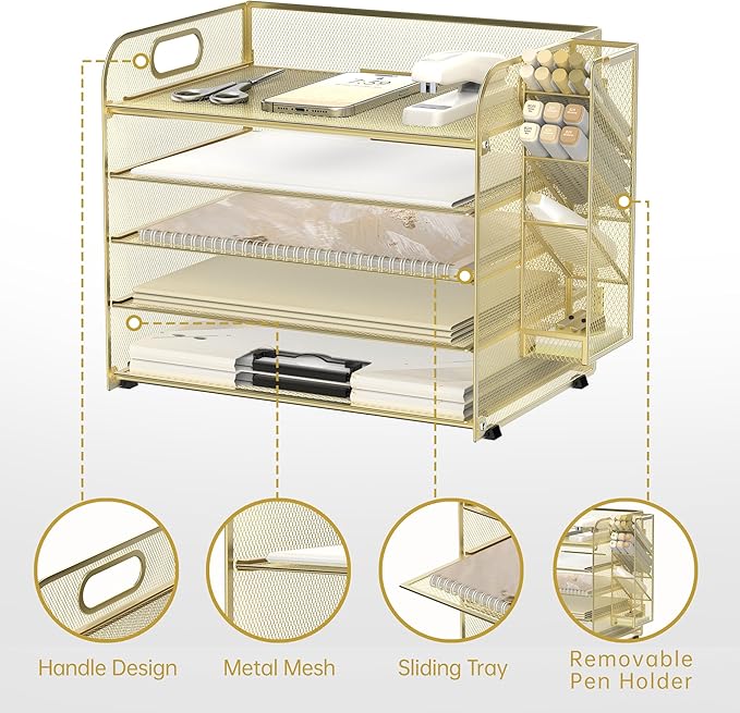 SUPEASY 5 Tier Desk Organizer with Handle & Removable Pen Holders, Mesh Paper/File Organizer for Desk, Paper Letter Tray Organizer for Office Supplies, Gold