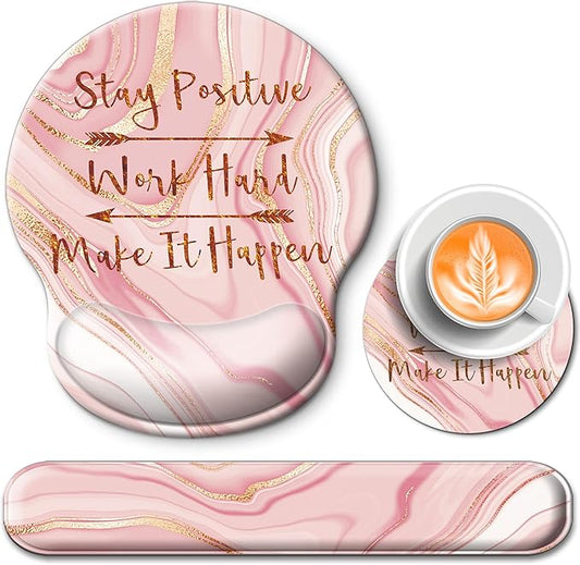 Mouse Pad and Keyboard Wrist Rest Support, with Non-Slip PU Base,Gel Mouse Pad with Coaster,Pain Relief for Gaming, Computer,Office -Pink Positive 3