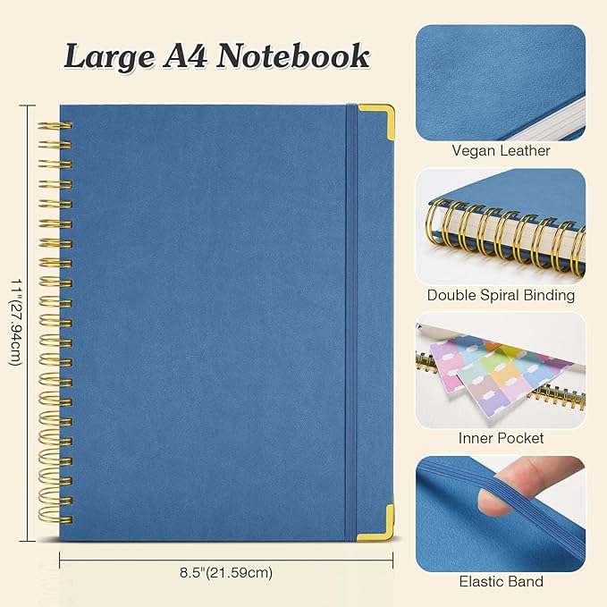 Spiral Notebook 8.5" x 11", 300 Numbered Pages Notebooks College Ruled with Tabs, Hardcover Leather Lined Journal for Women Men, 100GSM Thick Journals for Writing, Large A4 Notebooks for Work School
