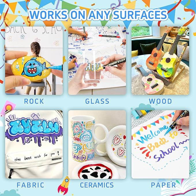 Betem Acrylic Paint Markers, Dual Tip 24 Colors Acrylic Paint Pens with Brush Tip and Fine Point, Art Supplies for Rock, Wood, Canvas, Stone, Glass, Ceramic, Rock Painting DIY Crafts Making Drawing