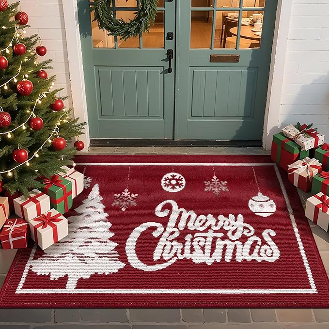 Christmas Doormat with Non Slip, Loop Pile Red and White Indoor Christmas Welcome Mat with Absorbent & Dirt-Trapping, Outdoor Christmas Tree Door Mat Front Porch Decor 32x48 Inch