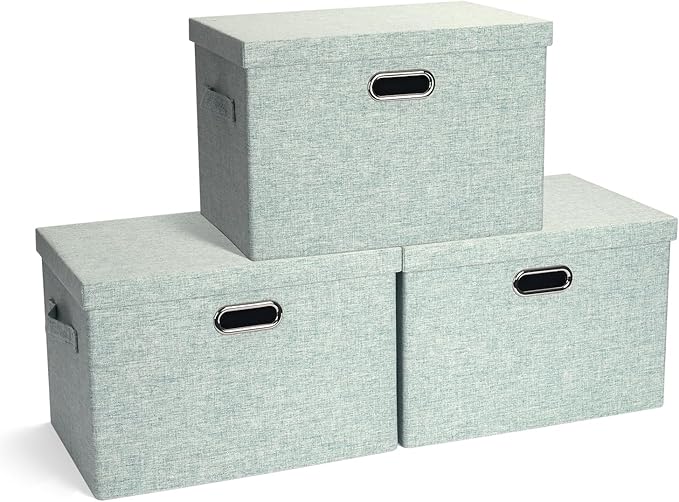 Large 17" 36 Quart Collapsible Stackable Storage Bins with Lids, 3 Packs Light Green Linen Fabric Closet Boxes with Lids, Storage Cube Baskets Container Organizers for Office (17x12x11)