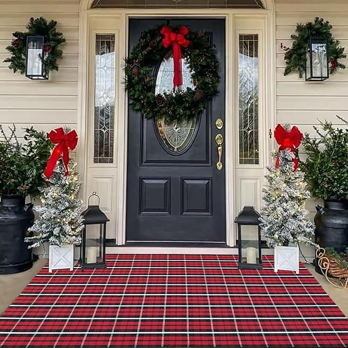 Buffalo Plaid Outdoor Rug 4' x 6' Christmas Door Mat Christmas Decor Welcome Rug Cotton Hand-Woven Layered Door Mats for Front Porch, Kitchen, Farmhouse, Entryway
