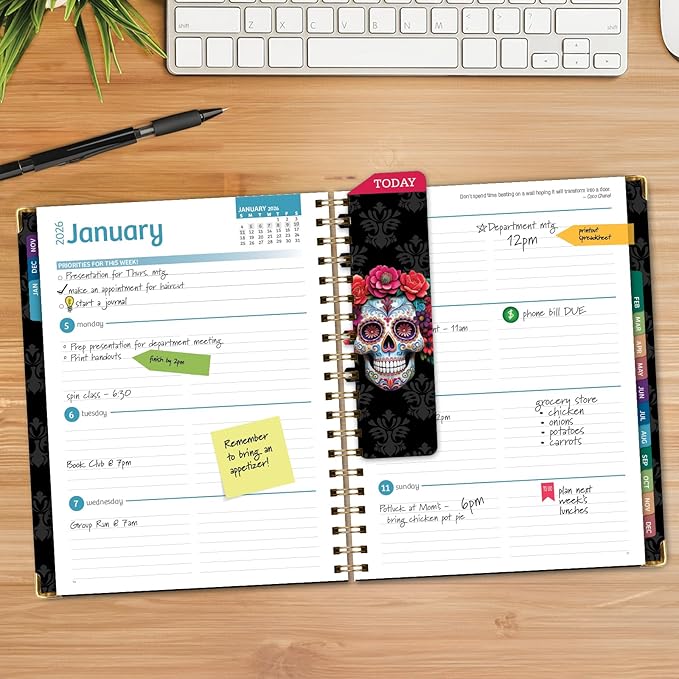 HARDCOVER 2026 Planner, 8.5"x11": 14 Months (November 2025 - December 2026), Daily Weekly Monthly Planner, Yearly Agenda, Bookmark, Pocket Folder and Sticky Note Set (Sugar Skull)