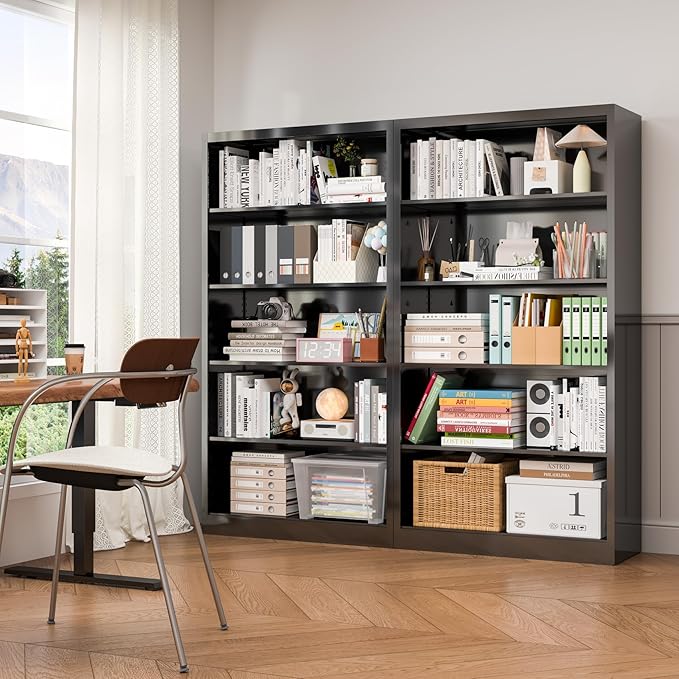 5 Tier Metal Bookshelf, 66" Tall Bookcase, Adjustable Book Shelves, Modern Black Book Shelf Storage Shelves for Bedroom, Living Room, Office, Library, Classroom, School