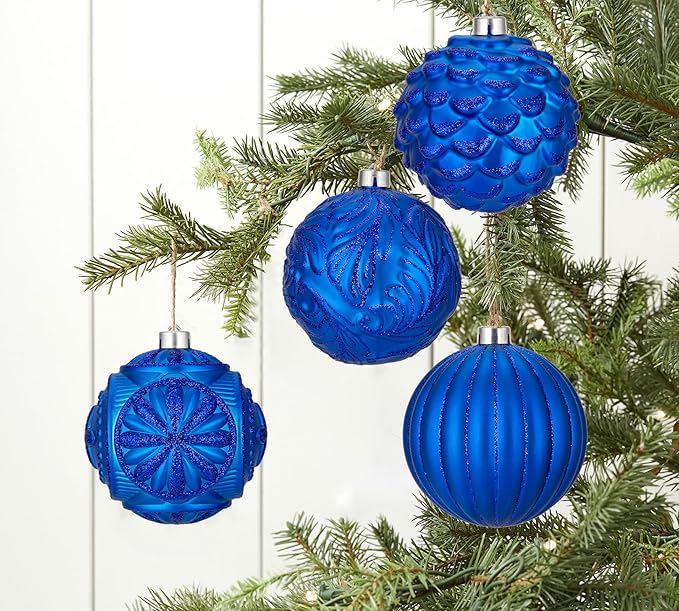 Hollyone 4.7 Inch Large Blue Christmas Ornaments 4Pcs Shatterproof for Xmas Tree Decor with Hook