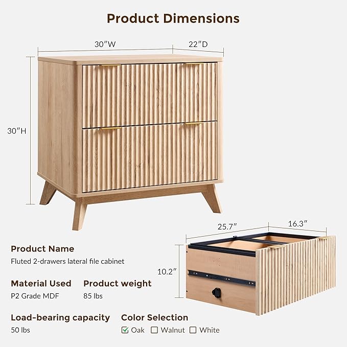 T4TREAM 2 Drawer File Cabinet, 30" Fluted Lateral File Cabinet w/Files Hanging Rod for Letter/Legal/A4, Large Tabletop for Printer, Office Wood Printer Cabinets, Natrual Oak