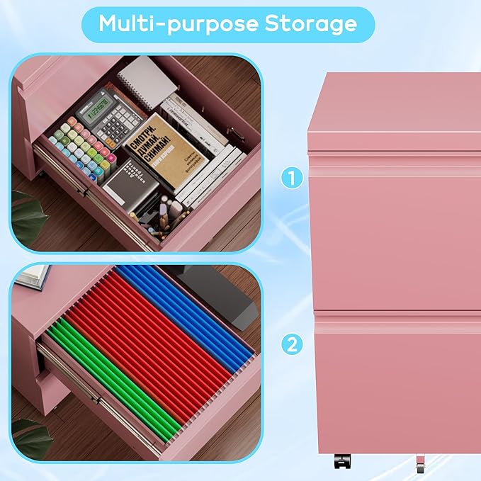 Aobabo 2 Drawer File Cabinet, Lockable Metal Filing Cabinet with Wheels for Home Office, Legal/Letter Size, Fully Assembled Except Wheels, Pink