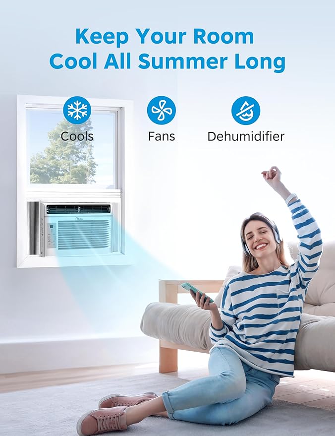 Midea MAW05R1JWT-B Electronic 5K 5,000 BTU, 3-in-1 Fan/Dehumidifier Window AC Unit, Easycool Air Conditioner with Remote Control, Cools up to 150 Sq. Ft, Fits Bedroom, Study, Office, White