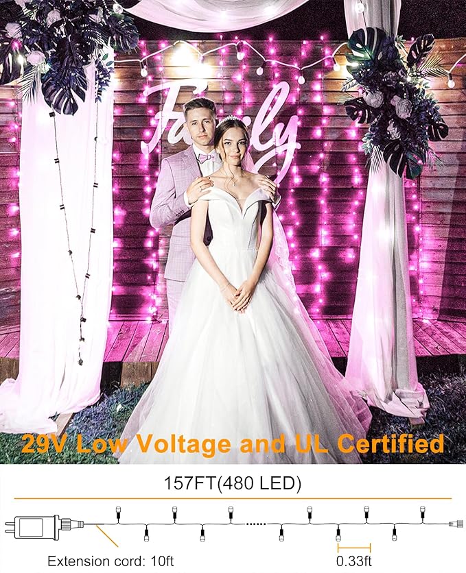 157FT 480 LED Christmas Lights Outdoor, Plug in Christmas Tree Lights Waterproof, 8 Modes Fairy String Light for Indoor Room Home Tree Party Decorations, Pink