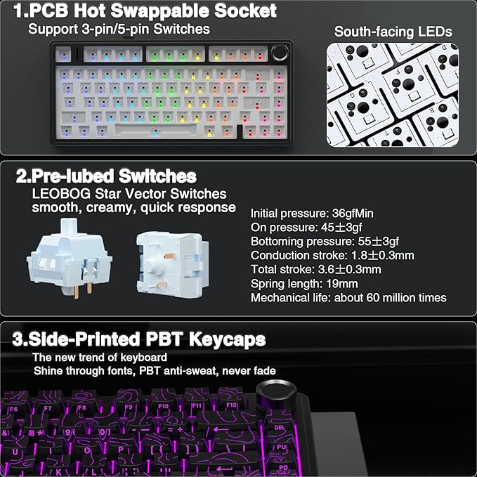 AULA F75 Pro Wireless Mechanical Keyboard with Knob,75% Hot Swappable Custom Gaming Keyboards,RGB Backlit,Pre-lubed Switches,Side Printed PBT Keycaps Creamy Sounding Computer Keyboard, Line Black