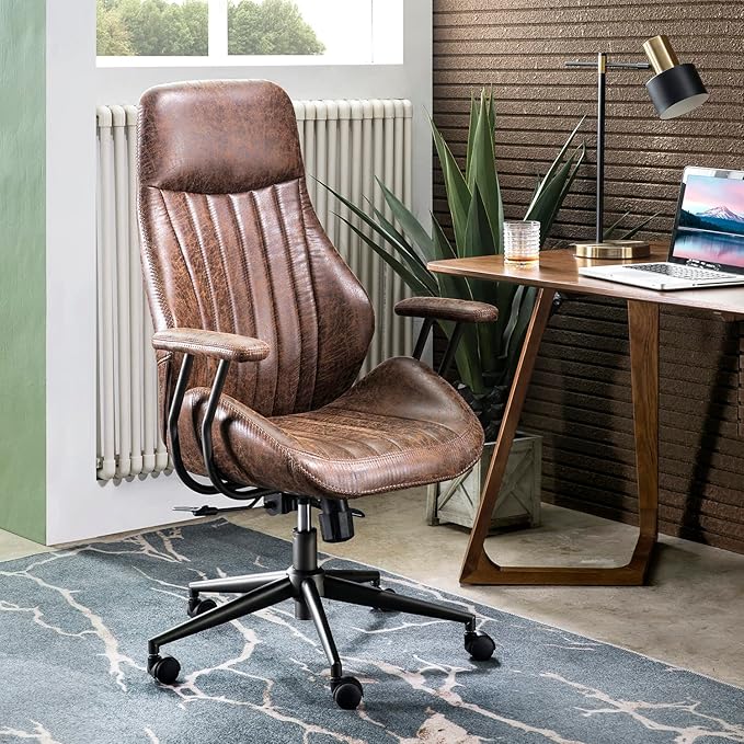 ovios Ergonomic Home Office Chair, Mid-Century Modern Faux Leather Chairs with Padded Armrests, Comfy High Back Swivel Rolling Executive Computer Armchair (Dark Brown, Suede Leather)