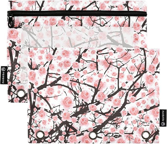 ALAZA Pencil Pouch for 3 Ring Binder, Flowers Cherry Blossom Binder Pencil Pouches with Clear Window Zipper Pencil Case Cosmetic Bags for Office College Supplies, 2PCS