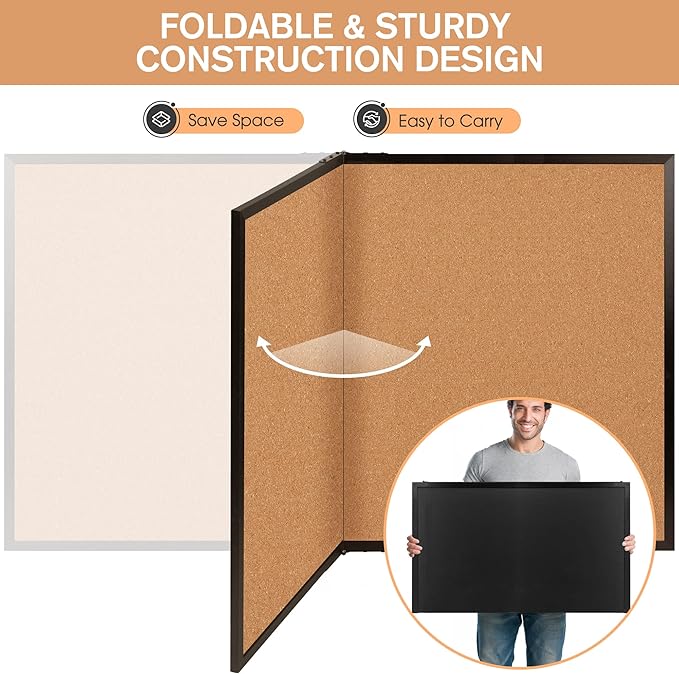 Board2by Extra Large Cork Bulletin Board 60" X 36", Foldable Notice Pin Board for Wall, Black Wood Framed 5'x3' Corkboard, Wall Mounted Noticeboard with 36 Push Pins for School, Home & Office