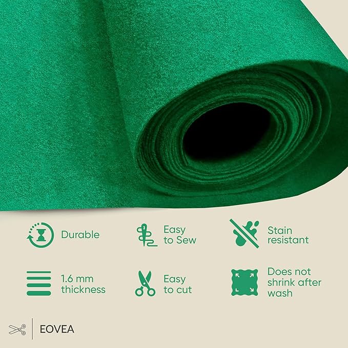 EOVEA | Acrylic Felt Fabric by The Yard - Non-Stiff, Soft Material - 72" Wide - 1.6mm Thick Felt Sheets for DIY Crafts, Sewing, Upholstery, Cushion, Padding(Kelly Green,20 Yard)