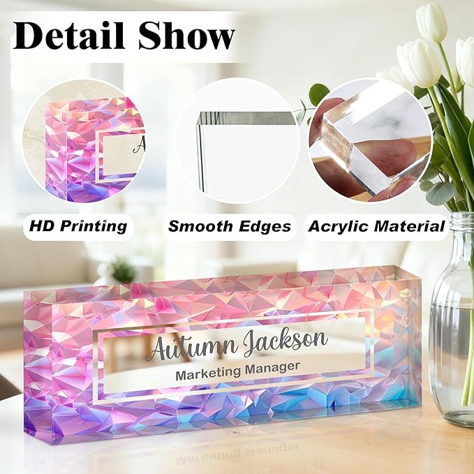 Ship Next Day-Custom Name Plate for Desk, Desk Name Plate Personalized, Acrylic Office Desk Accessories, Appreciation Gifts for Coworkers Employee Teachers Boss Women Men (Polygon Gradient)
