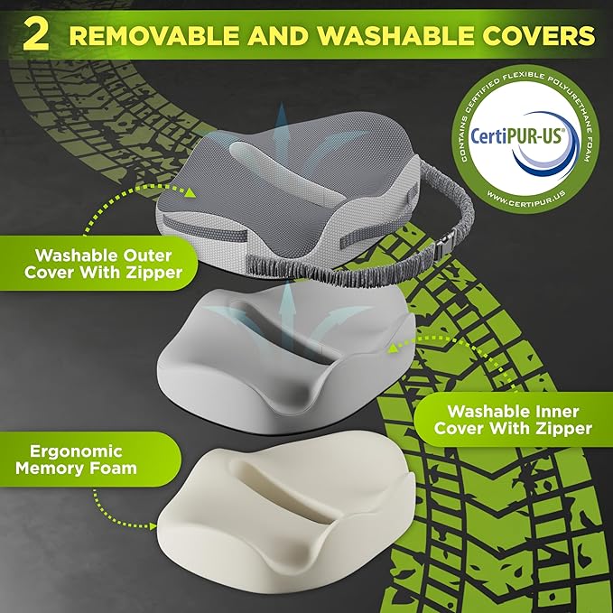 XL Truck Seat Cushion for Truck Driver Seat Cushion - Upgraded Back Support, CertiPUR-US® Certified - Thick Memory Foam, Pain Relief for Hours of Driving, Trucker Approved Big Rig - Gray