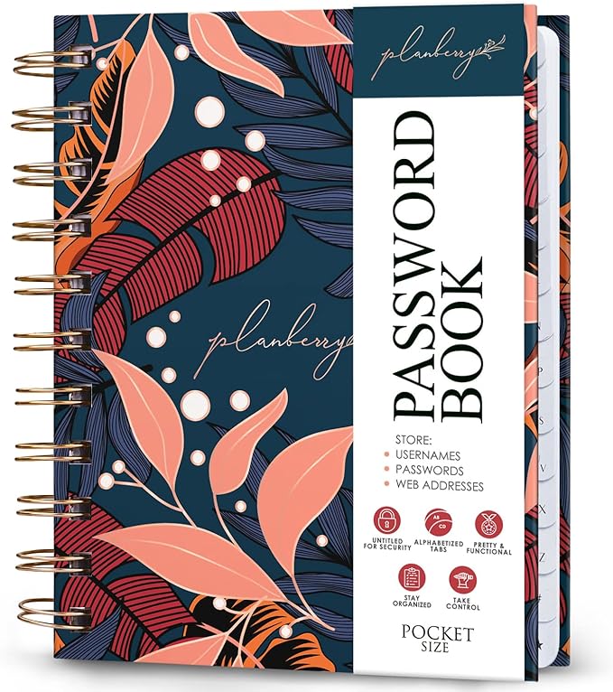 PLANBERRY Password Book Premium – Small Internet Address Organizer with A-Z Tabs – Pocket Website Password Keeper with Alphabetical Tabs – 4.7x5.7″, Hardcover (Tropical Night)