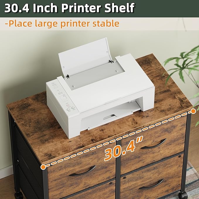 Lateral File Cabinet 4 Fabric Drawer, Mobile Filing Cabinet for Large Printer, Home Office Functional Small Office Storage Cabinet & Printer Stand, Fits A4/Letter Size, 30.4''W, Rustic Brown